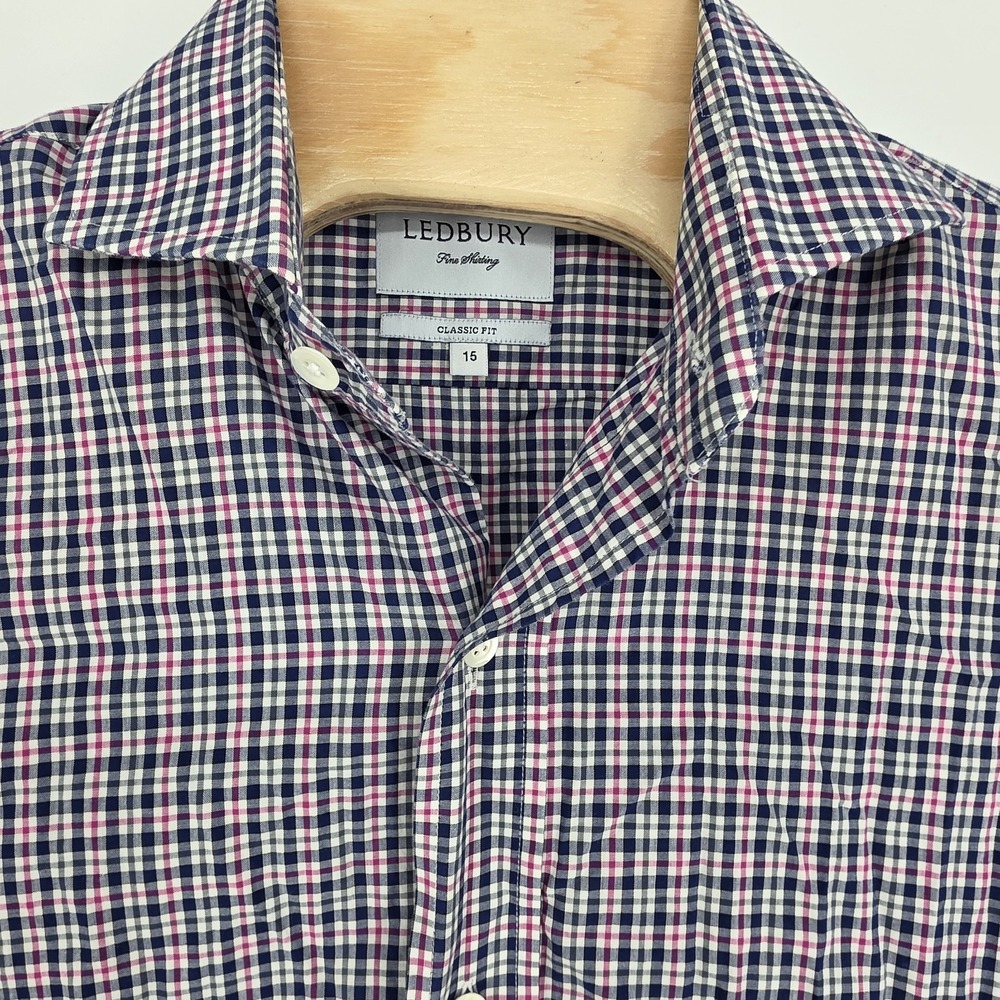 Ledbury Mens Dress Shirt  L 16 Classic Fit Check Button Up Fine Shirting Cotton